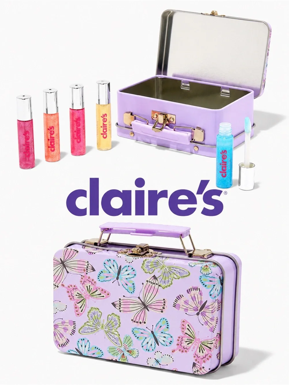 Claire’s Butterfly Mini Tin Lip Gloss Set | 5 Strawberry Cream Glosses | NWT